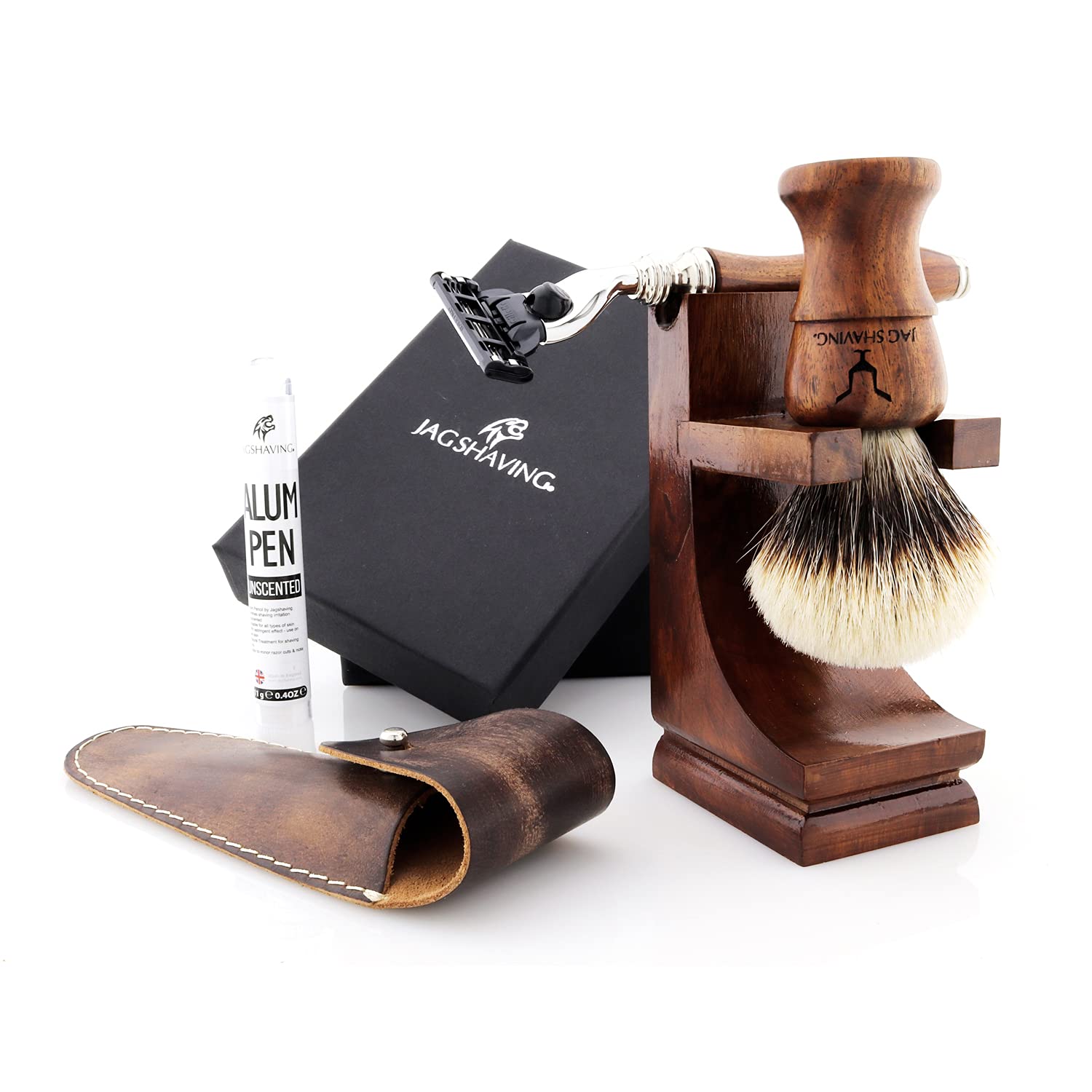 Jag Shaving Zestaw do golenia – trwały 4-częściowy zestaw do golenia z drewna – włosie srebrne, pędzel do golenia z włosia borsuczego – 3 ostrza do golenia – stojak do golenia – skórzany pokrowiec do golenia
