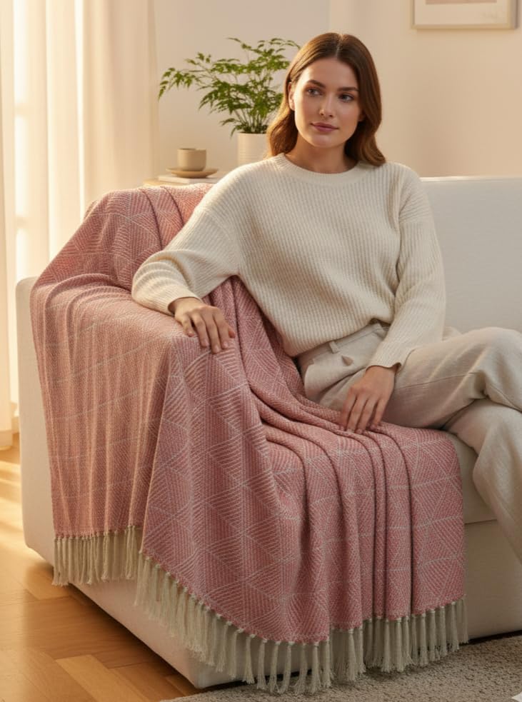 Image of HAKAM Diamond Woven Throw Blanket | 150x200 cm | Pink Sofa Cover, Bed, Chair & Travel - Ideal for All Season | Pack of 1