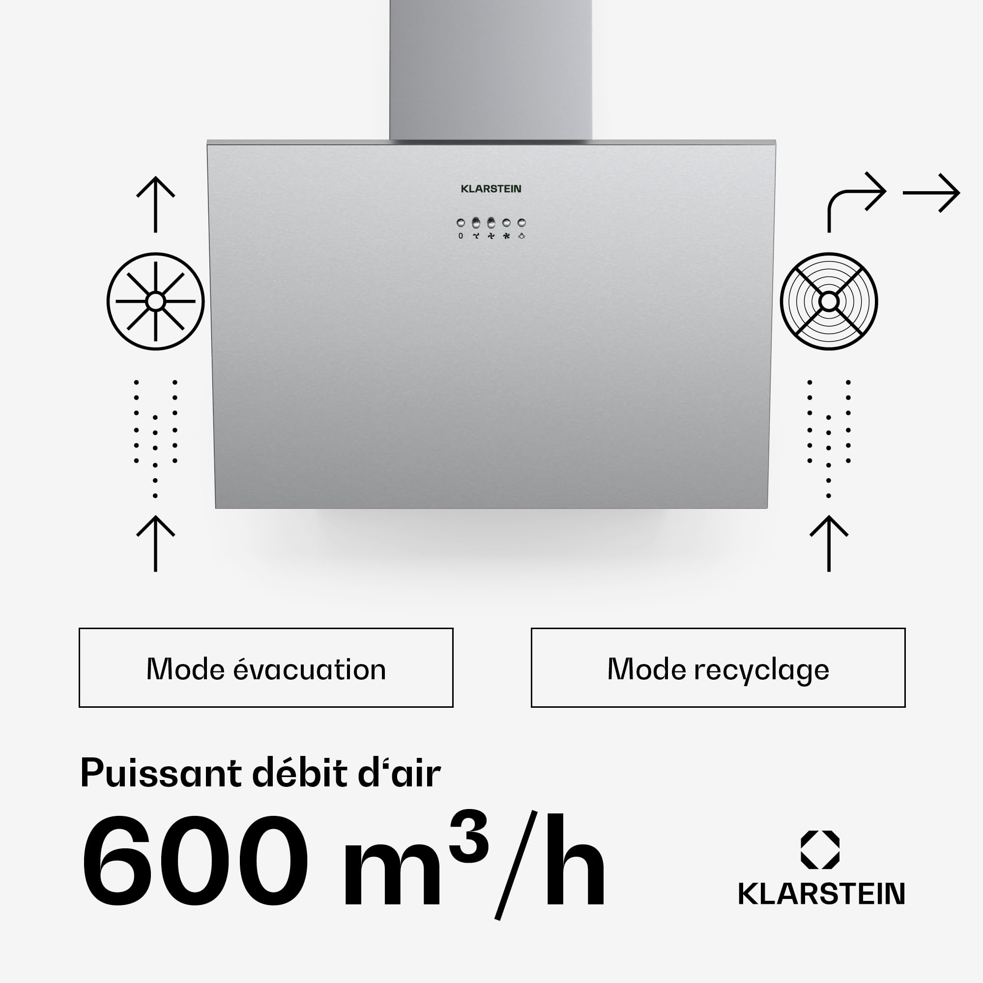 KLARSTEIN Silver Lining - hotte aspirante murale, classe A, mode recyclage ou évacuation de l'air, 600 m³/h, 3 vitesses, tactile, écran LED, hotte inclinée, 60cm - inox