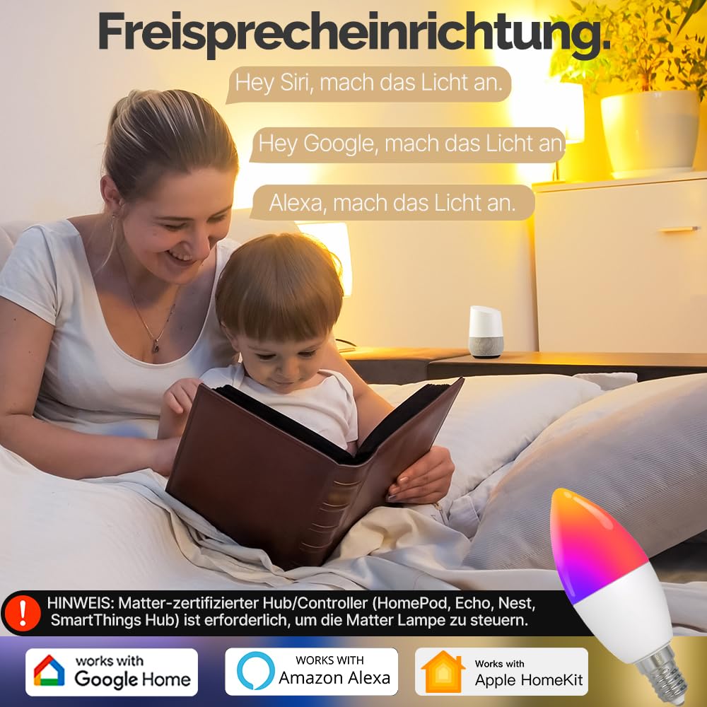 MOES Smart Glühbirne Matter E14, WLAN Alexa LED Lampe RGBCW, WW, mit Dimmbar, Musiksynchronisation, 16 Millionen Farben, kompatibel mit Apple HomeKit, SmartThings, Alexa, Google Home,4 Stück