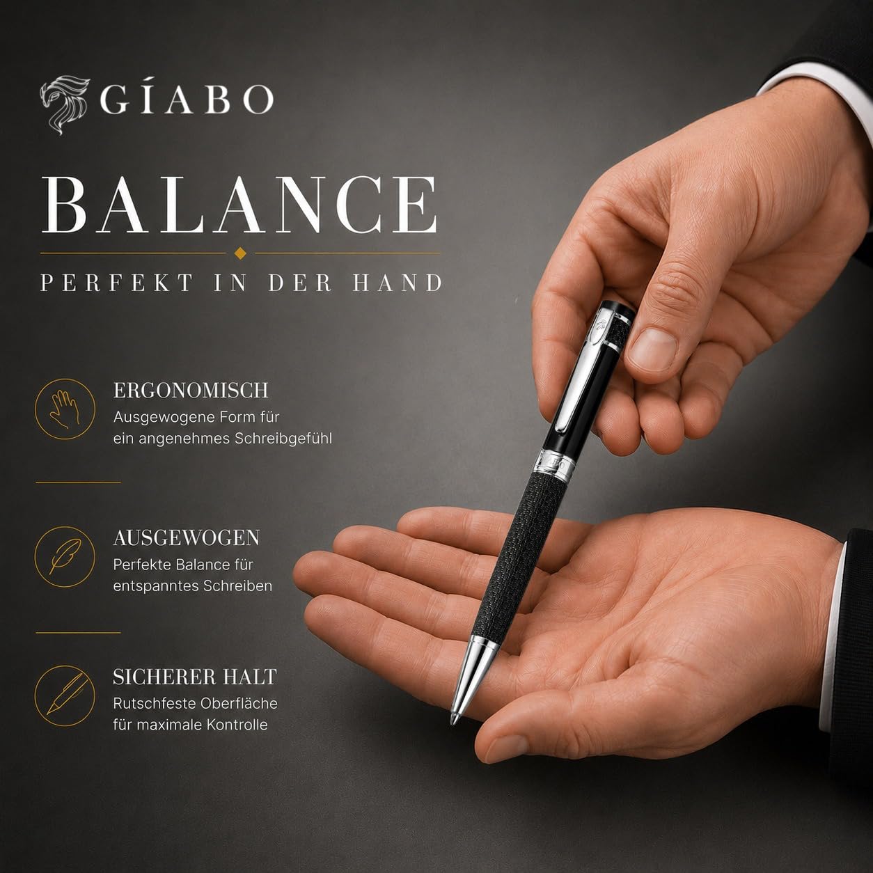 Gíabo Kugelschreiber hochwertig mit PU-Leder-Schaft und Chrome-Details | Schwarz schreibend | Edelstahl- und Messing-Mischung | Präzise Mine | Eleganter Business-Stift für Büro und besondere Anlässe