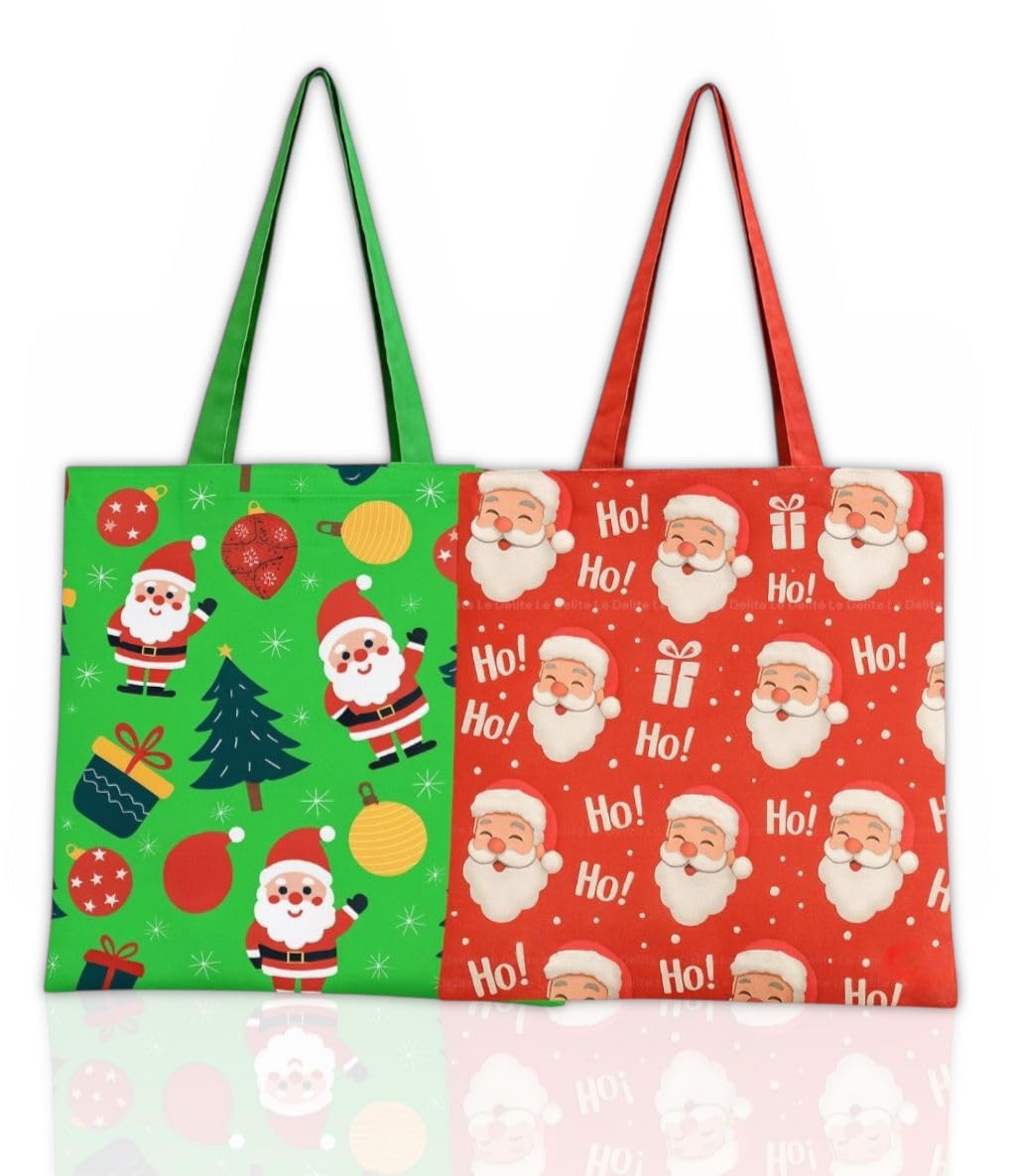 2 Pieces Christmas Tote Bags with Handle, Santa Xmas Gift Bag Jumbo Xmas Gift Bags Non-Woven cotton cloth canvas Shopping Bags grocery jhola for Gift Wrapping