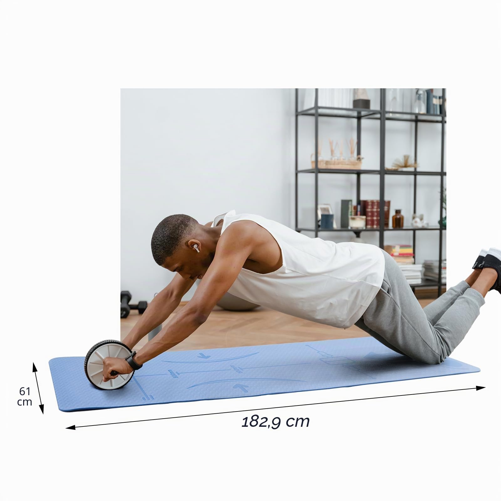 Tappetino Palestra per Ruota per Addominali, Tappeto Antiscivolo per ginocchia, Tappetino Fitness per Palestra Domestica Spesso 6 mm per Yoga, Pilates, 183cm L x 61cm B x 0,6cm H,TPE, Blu