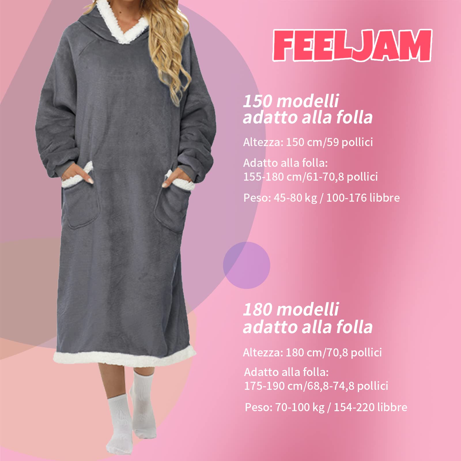 FEELJAM Coperta con cappuccio Coperta con maniche Plaid con manica Felpa donna plaid Coperta gigante con maniche - 80 x 150 cm, Grigio scuro