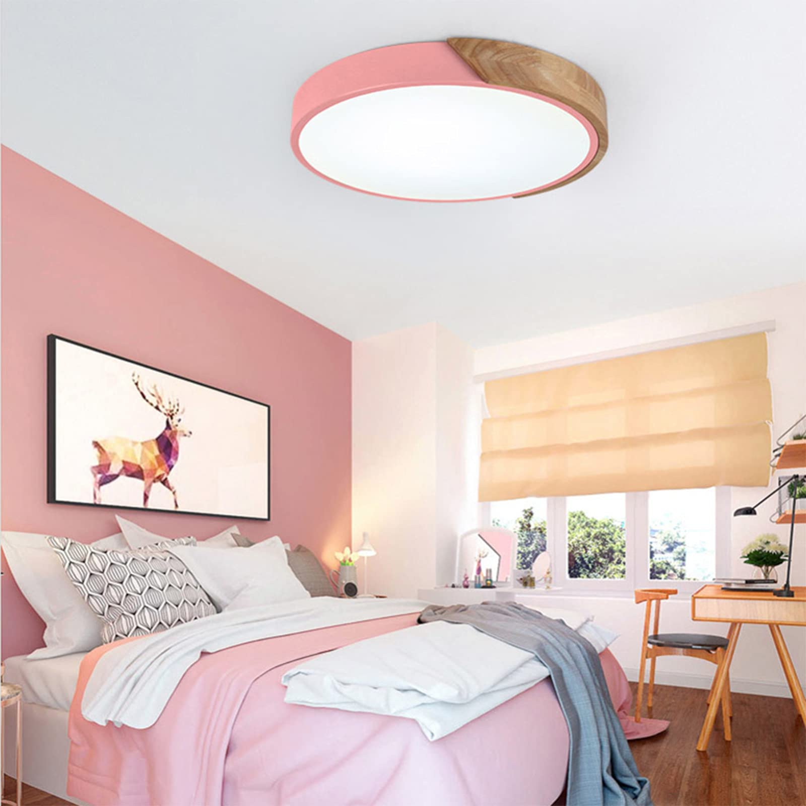 Okrągła lampa sufitowa LED w kształcie makaronika, nowoczesna lampa drewniana, do pokoju dziecięcego, salonu, przedpokoju, różowo-zimna biel, 60 cm, 48 W