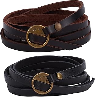 2pcs Black Cowhide Leather Bracelet for Women Stackable 5 Wraps Circle Genuine Leather Bohemian Vintage Punk Style 6mm Long Strap Bracelet for Women Handmade Jewelry, Leather