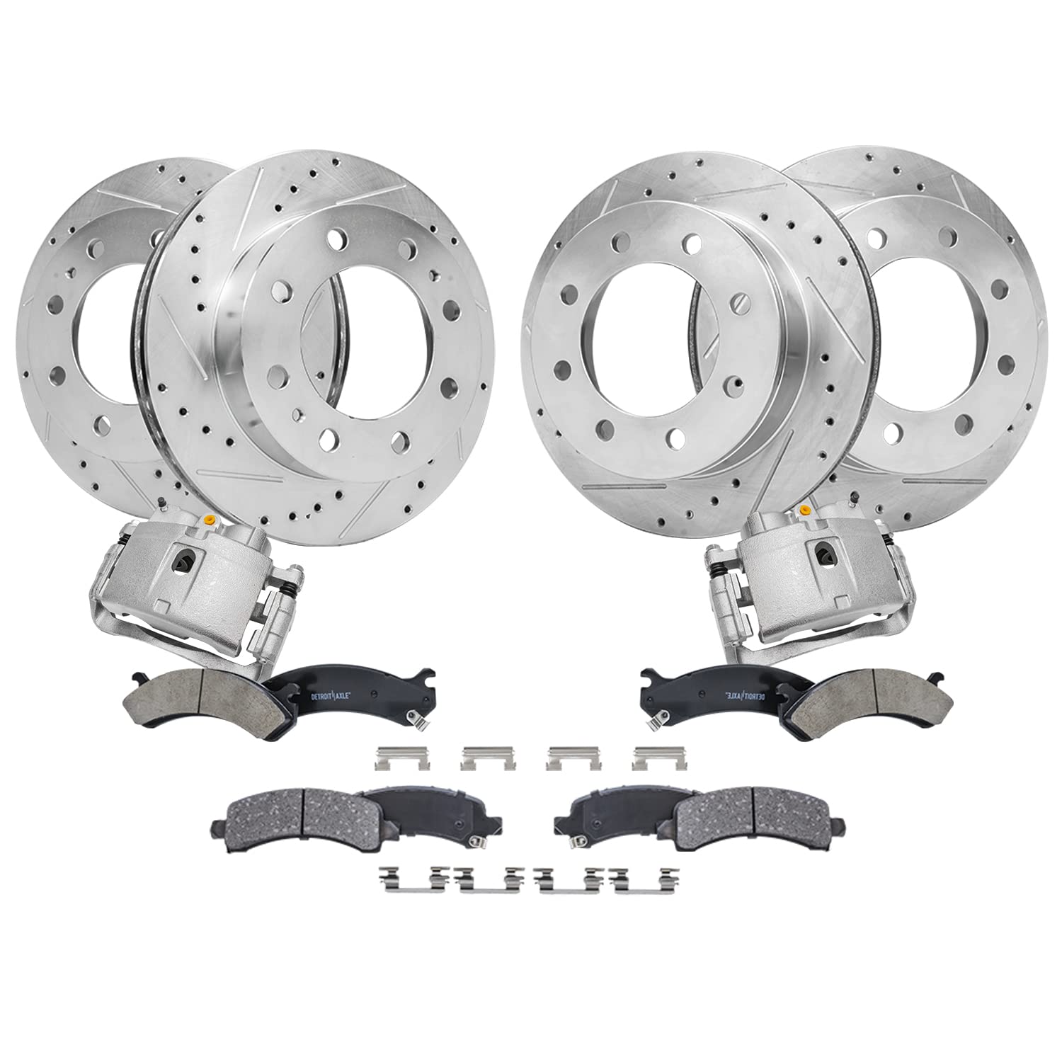 Detroit Axle - Brake Kit for 2006-2016 Chevy GMC Express Savana 2500 | 2003-2020 Express Savana 3500, Front &amp; Rear Drilled &amp; Slotted Brake Rotors Ceramic Brake Pads Front Brake Calipers