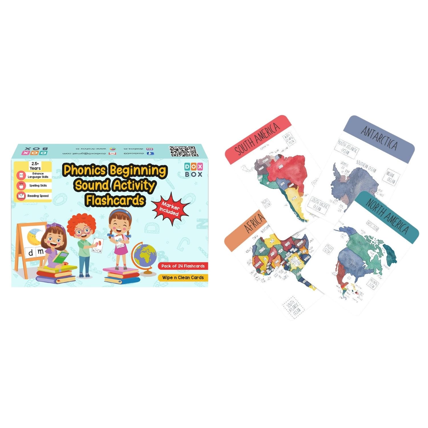 Combo of Phonics Beginning Sound Activity Flashcards- Pack of 24 & World Continents and Oceans Flahscards