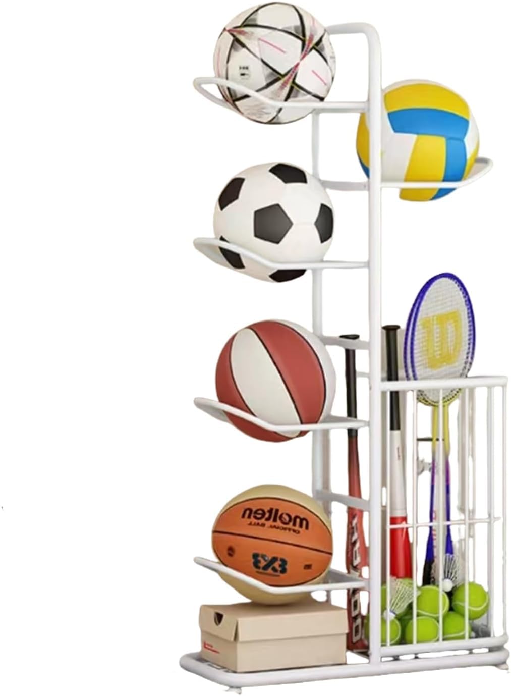 Ball Storage Rack, Football Stand, Ball Storage Garage, Ball Holder, Sports Equipment Storage For Garage, Basketball Organizer Rack With Basket, Toy/Sports Gear Storage Indoor