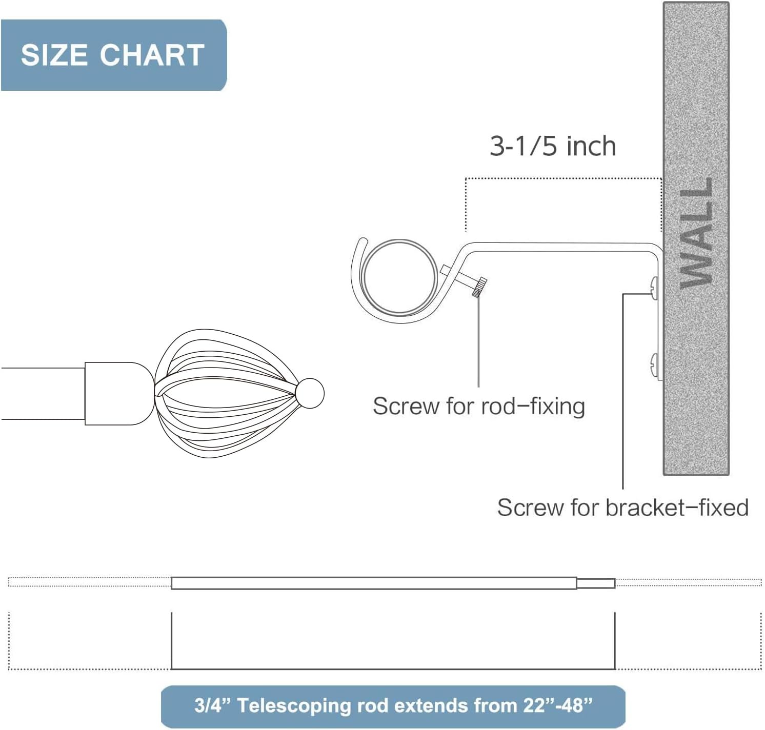 KNOBWELL Black Curtain Rods 2 Pack, Adjustable Industrial Curtain Rods 22-48 Inch, 3/4" Diameter Drapery Rods for 22"-47" Windows