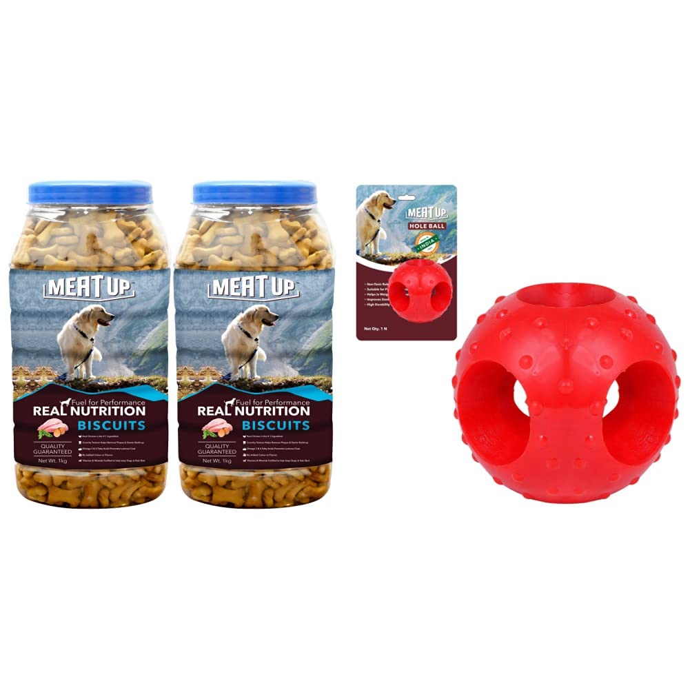 Meat Up Chicken Flavour Real Chicken Biscuit, 1kg (Buy 1 Get 1 Free) & Non-Toxic Rubber Hole Ball Chew Toy, Puppy/Dog Teething Toy - 3 inches (B0B8YL88W8) Amazon Price History, Amazon Price Tracker