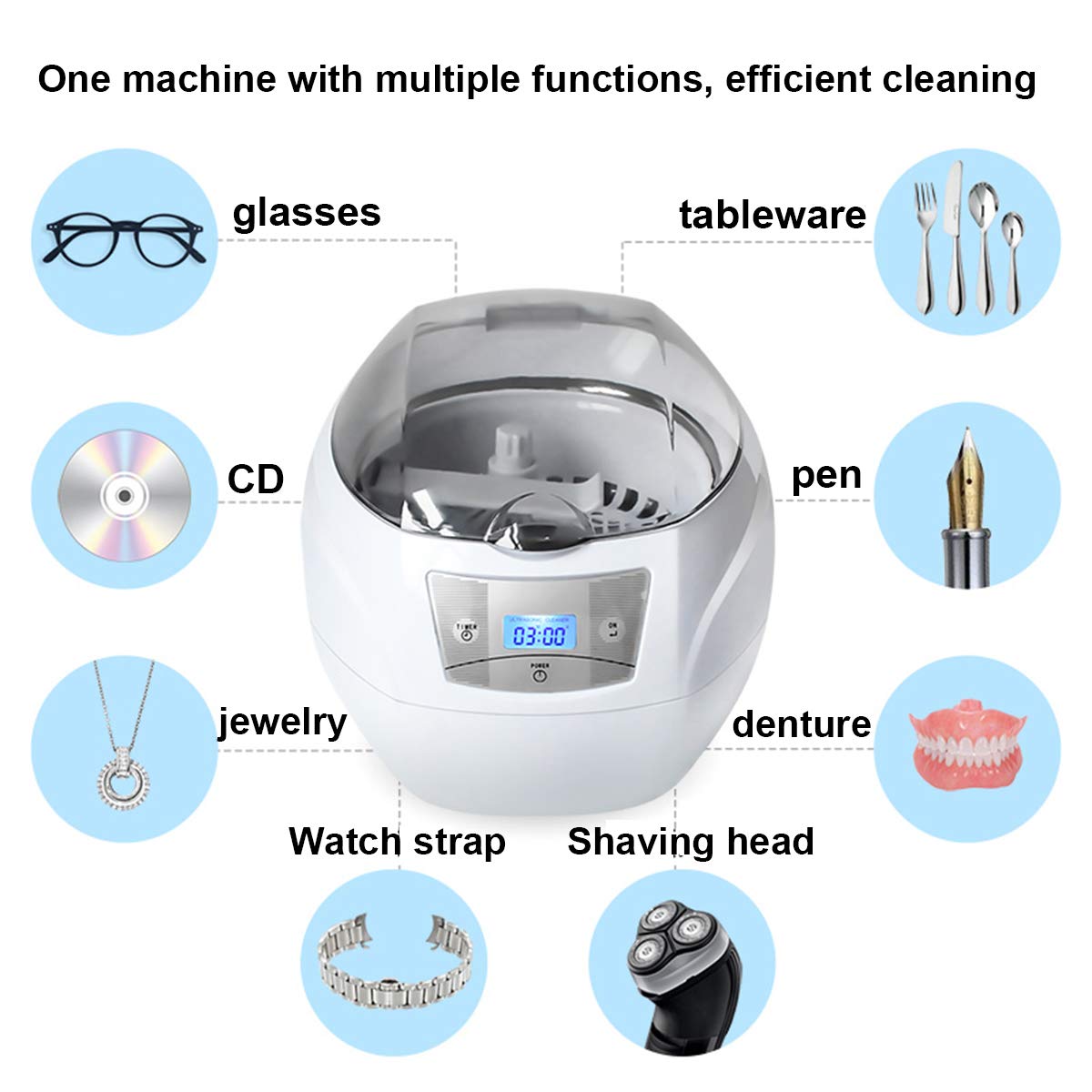 JHM-Pulitore Ad Ultrasuoni Gioielleria Protesi Cleaner Machine 750ML 43000Hz, Ultra Sonic Cleaner con Supporto per Orologio per Pulizia Collane Anelli Occhiali Orologi Monete Rasoi