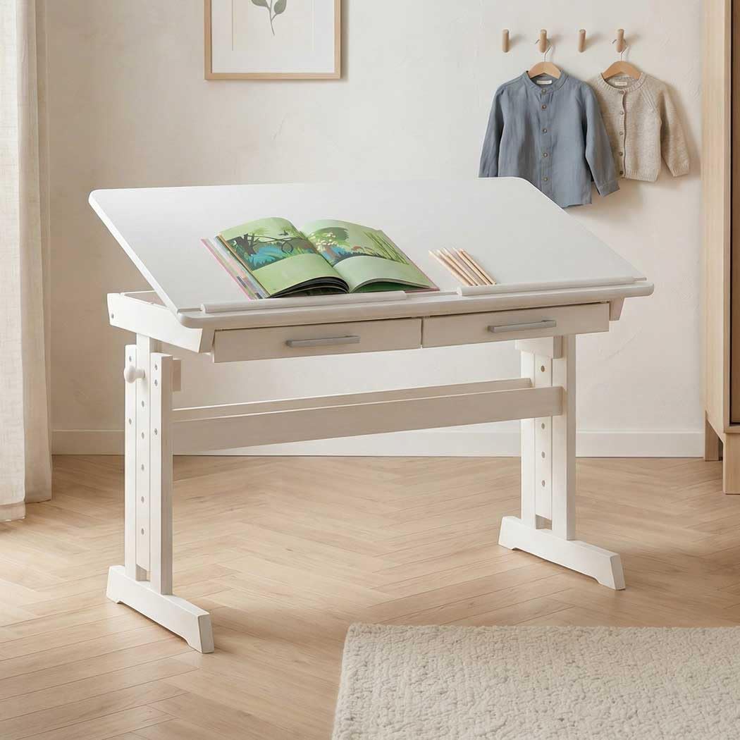IDIMEX Bureau Enfant écolier Junior Olivia Table à Dessin réglable en Hauteur et pupitre inclinable avec 2 tiroirs, Bureau évolutif en pin Massif lasuré Blanc