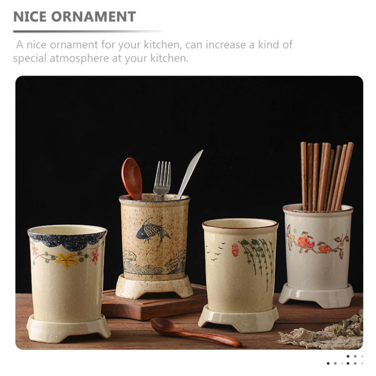 OSALADI Porte-ustensiles Cuisine en Céramique Style Japonerie Trous D'évacuation, Support pour Baguettes, Cuillères et Fourchettes, Design Élégant Cuisine et Présents