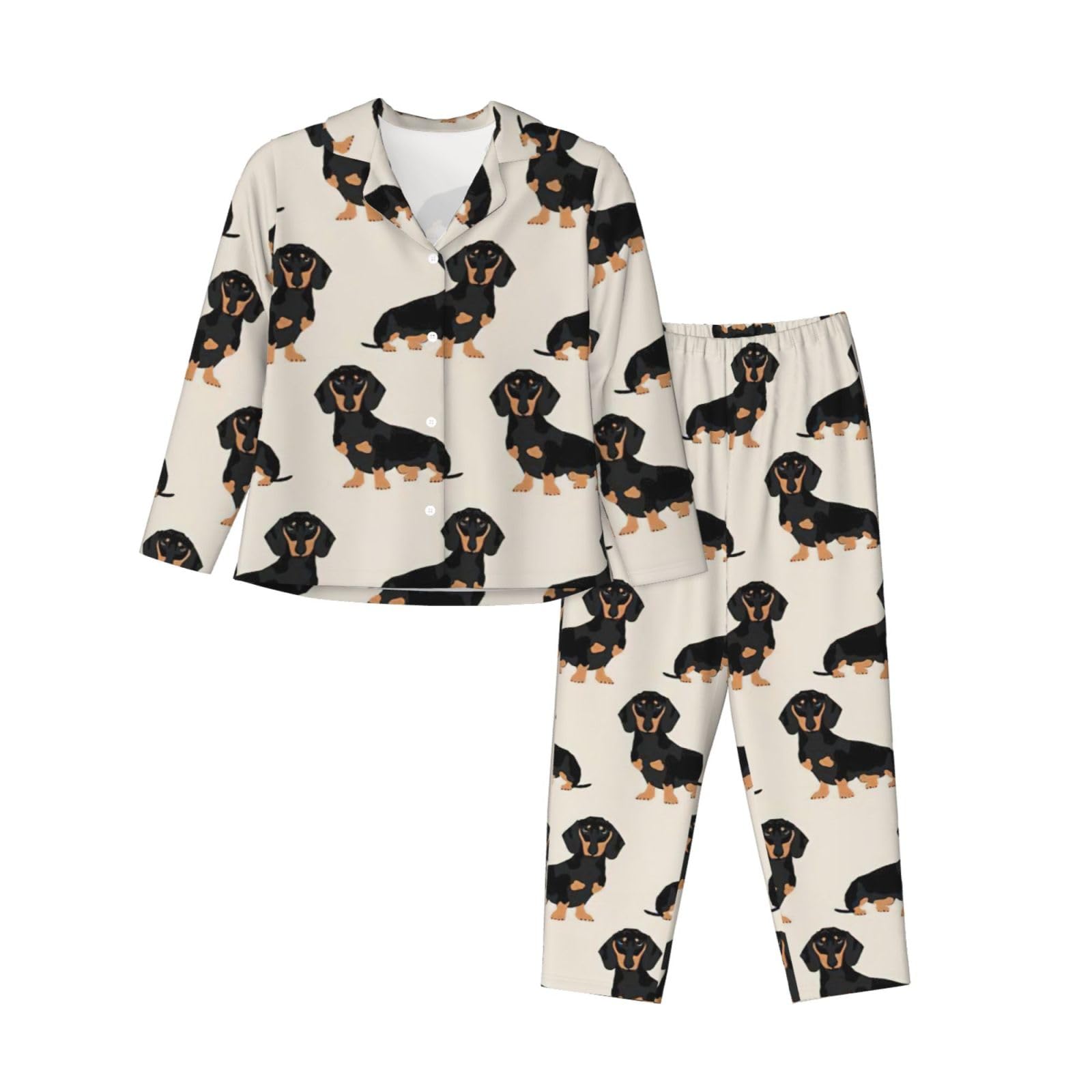 Limpac Women's Black Dachshund Dog Print Nightwear Long Sleeve Pajama Set, Lounge Button Down Pjs Soft Sleepwear, L