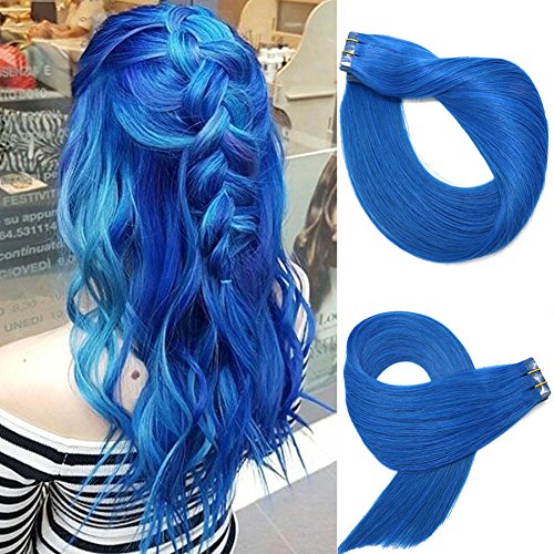 Tape In Remy Human Hair Extensions 20pcs 50g Per Set #Blue Remy Hair Extensions Seamless Skin Weft Remy Silk Straight Hair Glue in Extensions Glue in Extensions Human Hair 20 Inch