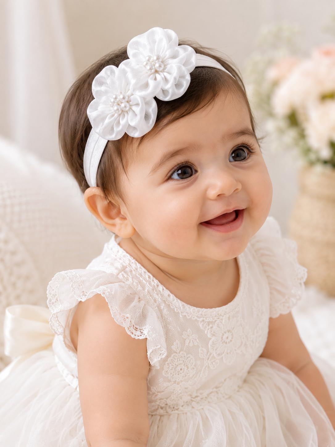 SAARVYA Baby Girl White Floral Headband with Pearl Accent | Double Flower Design, Soft Nylon Band, Pearl Centre Detail, Infant Hair Accessory, Christening Wear-image-31