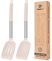 BUNDLEPRO Pack of 2 Silicone Turners - Non-Stick Slotted Spatulas, High Heat Resistant to 446°F, BPA-Free for Eggs, Fish, Pancakes (Khaki Stainless Steel)