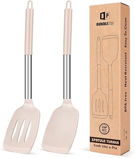 BUNDLEPRO 2-Pack Silicone Spatulas: Non-Stick Solid & Slotted Turners, BPA-Free, 446°F Heat Resistant for Eggs, Pancakes, Fish (Khaki)