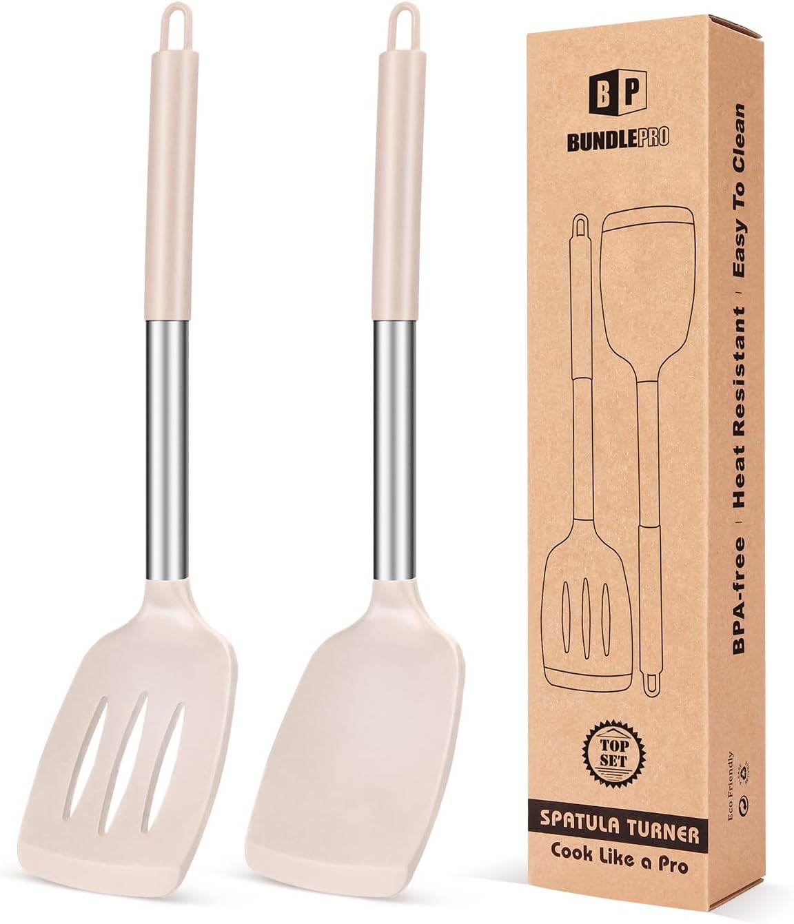– Pack of 2 Silicone Solid Turner,Non Stick Slotted Kitchen Spatulas,High Heat Resistant BPA Free Cooking Utensils,Ideal Cookware for Fish,Eggs,Pancakes (Stainless Steel Khaki)