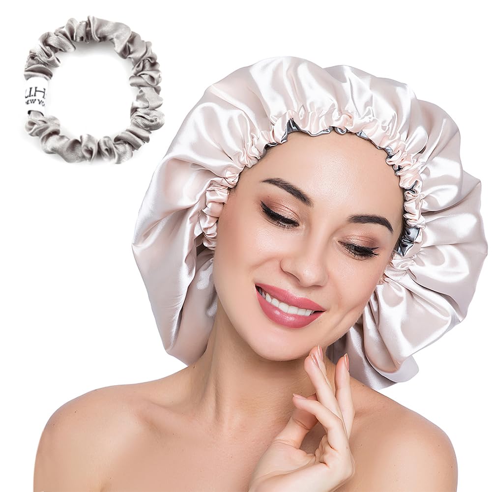 ELIHAIR Stain Bonnet Silky Sleep Cap Adjustable Satin Cap for Night Sleeping Hair Bonnet Reversible Double Layer X-Large Size Champagne/Grey