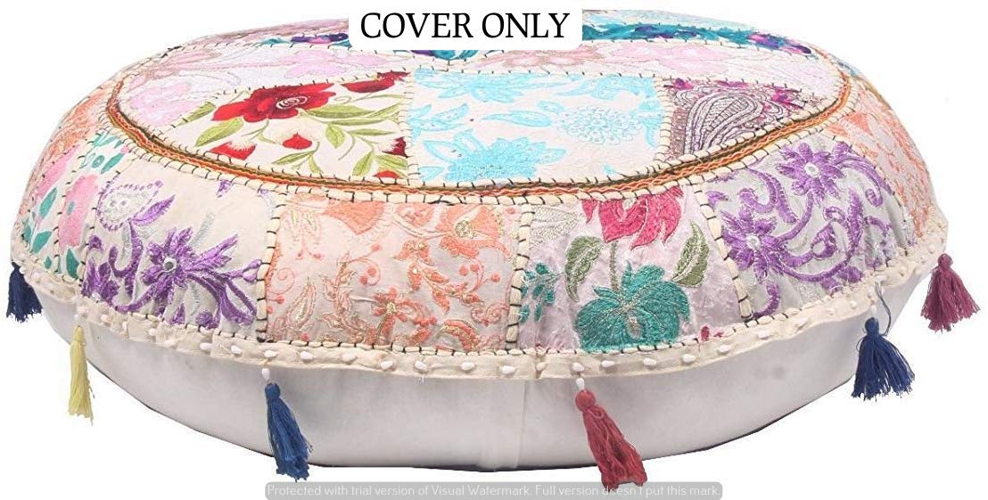 GANESHAM Indian Handmade Vintage Patchwork Cotton Boho Chic Bohemian Hand Embroidered Decorative Ethnic Foot Stool Round Floor Pillows & Cushion Cover Seating Pouf Ottoman (White, 22 inch)