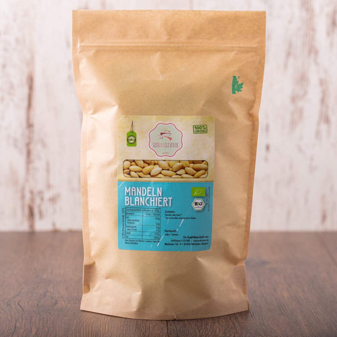 süssundclever.de® | Bio Mandeln, blanchiert | 1,0 kg | aus Spanien | plastikfrei und ökologisch-nachhaltig verpackt | blanchierte Mandeln | Mandeln ohne Haut