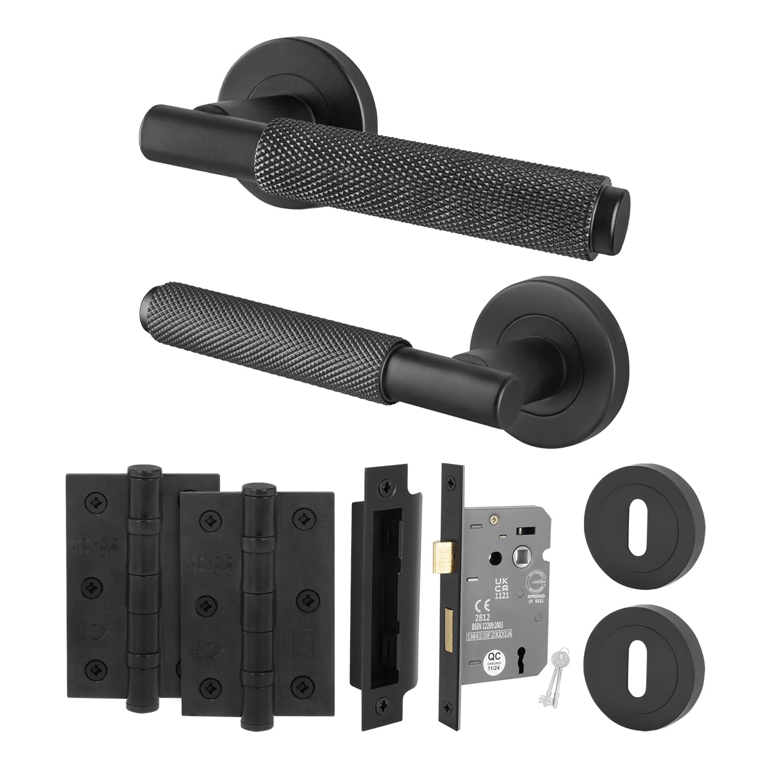 EAI Black Knurled Door Handle Key Lock Set, 1 Pair Internal Matt Black Round Rose Door Handles, Sash Lock 64mm Hinges 76mm - Dolton — image 1