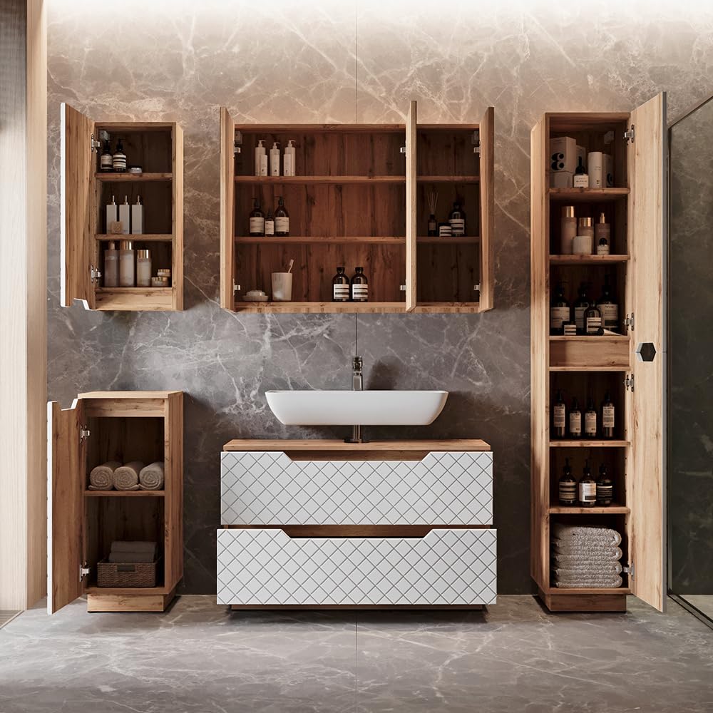 Vicco Szafka z lustrem w łazience "Lotta", Dąb, 99.7 x 73.2 cm | z 3 drzwiami, pour montage mural avec miroir intégré et espaces de rangement