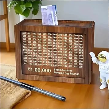 Wooden Money Saving Box, Brown, 17 x 13 x 6 cm, Money/Piggy Bank Rs 1,00,000 Coin Bank for Kids
