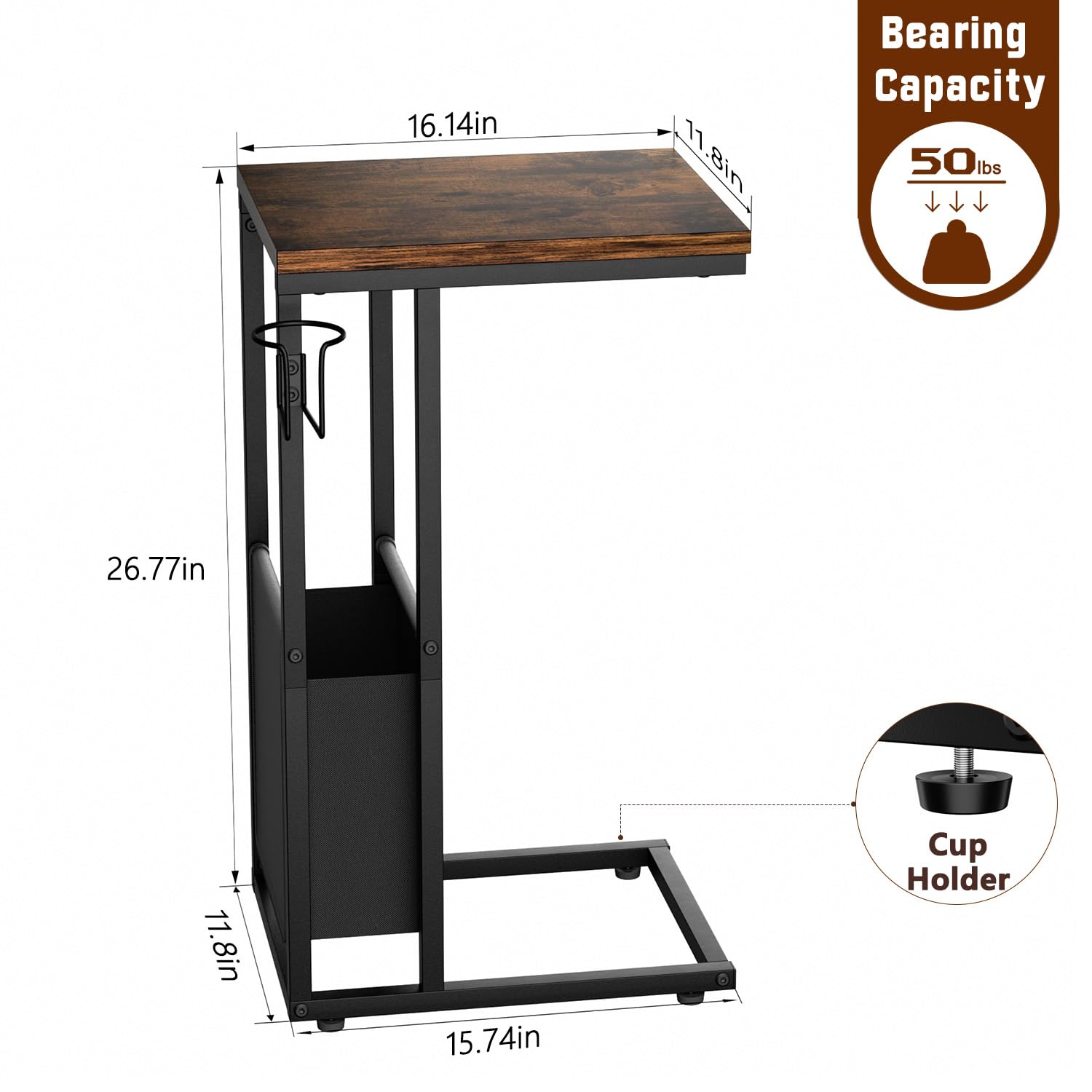 Tavolino a forma di C con borsa portaoggetti, sottile e resistente, per piccoli spazi, robusto organizer per divano, letto, soggiorno e camera da letto, design salvaspazio