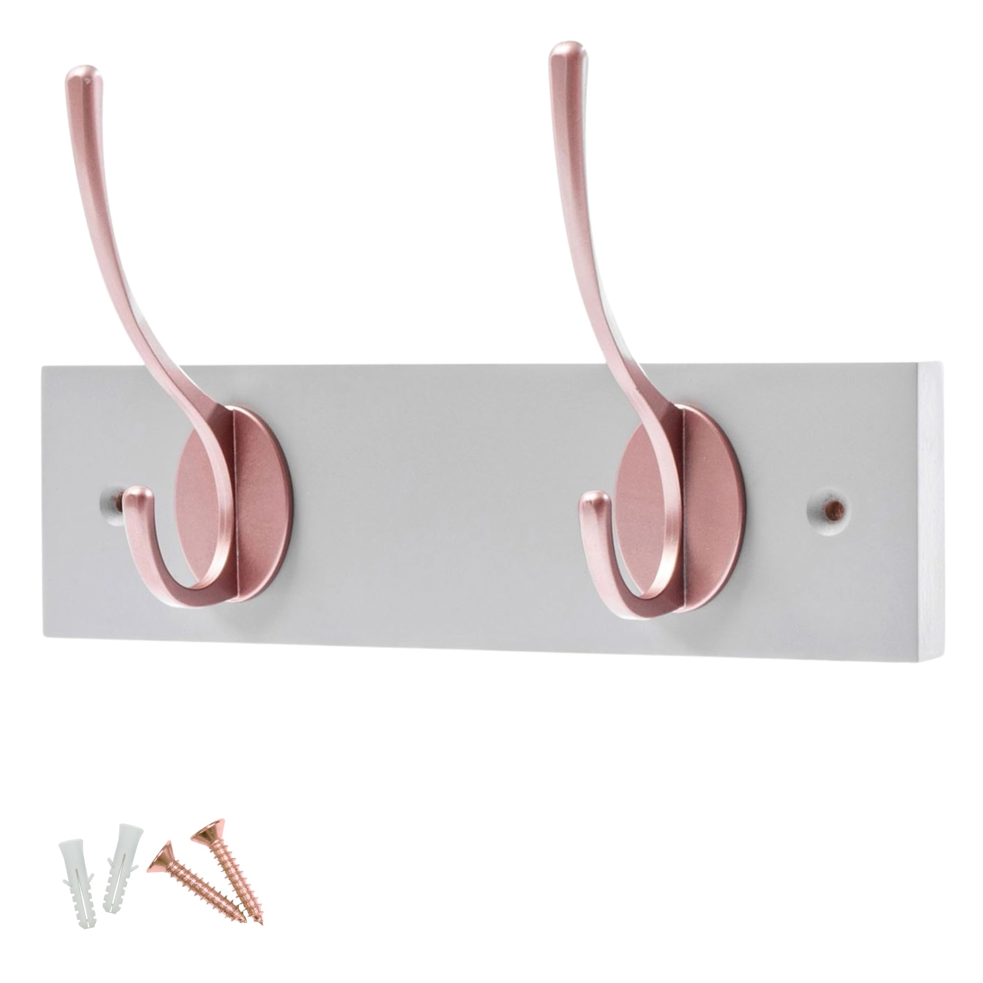 keypak 2 Hook Dove Grey Wooden Wall Mounted Coat Rack with 2 Victorian Rose Gold Hooks - Heavy Duty Wooden Board for Coats, Hats, Bags, Tools Space Saving Wall Storage Organiser, Fixings Included