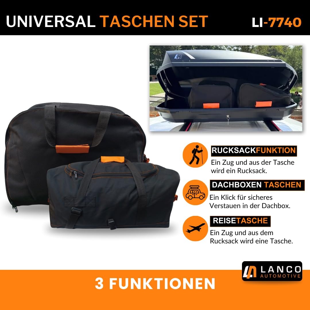 LANCO Dachbox Taschen Set - 49x60x30cm & 60x35x30cm - Robuster Organizer | Dachboxtaschen mit Klick-Befestigung, Tragegriff & Reißverschluss. Als Rucksack oder Reisetasche im Auto verwendbar.