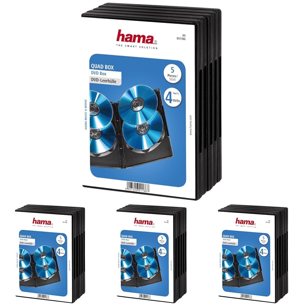Hama DVD-Hülle für 4 DVDs (auch passend für CDs und Blu-Rays, mit Folie zum Einstecken des Covers) 5er-Pack, schwarz, 00051186, 5 Pack (Packung mit 4)