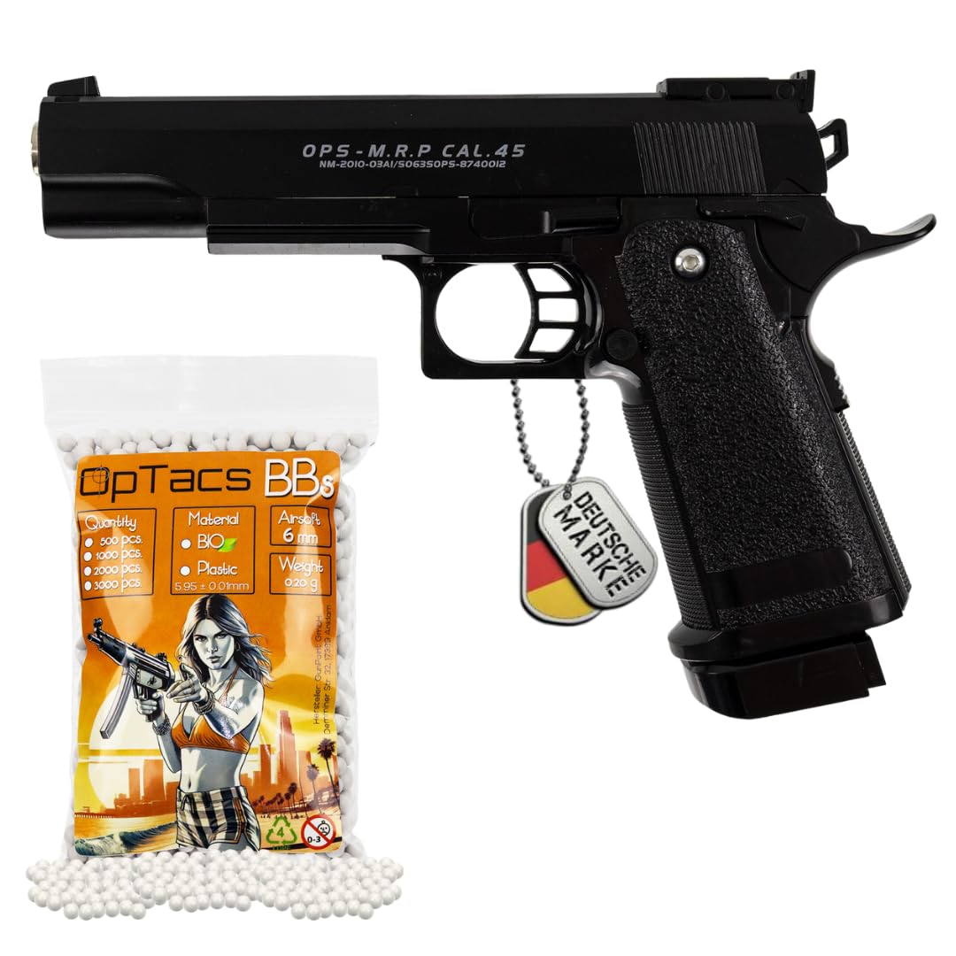 Softair Pistole Set C6 6mm Federdruck Vollmetall Airsoft ab 14 Jahren unter 0,5 Joule mit Magazin und 500 OpTacs BBS realistische Zweitwaffe Einsteiger Trainingspistole