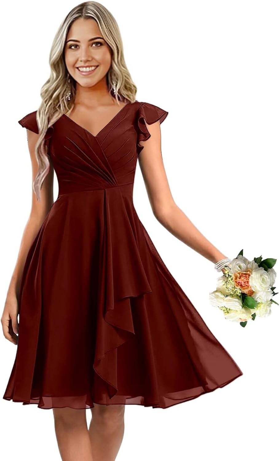ROSEGOD Chiffon Short V Neck Bridesmaid Dresses for Women Flutter Sleeves Pleats Wedding Guest Dress RD007