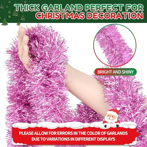 Image of 50 Ft Christmas Tinsel Garland Pink Thick Tinsel Garland Xmas Tree Decorations Metallic Tinsel Twist Garland for Christmas, Birthday, Party Decor Indoor Outdoor Party Supplies