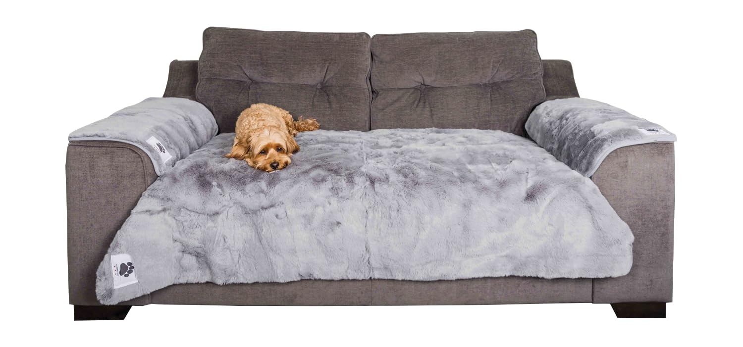 Pet Rebellion Sofa Cover for Dogs and Cats | Absorbent, Non-Slip, Machine-Wash Furniture Protector, Soft Plush Comfy Snuggle Rug for Pets (Grey, 1 x Sofa Cover & 2 x Sofa Arm Covers)