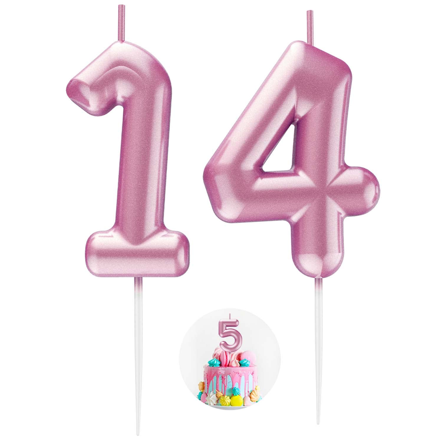 Pink Number 14 Candle Happy Birthday 3D Number Candles for Birthday Cake Party Decoration Wedding Anniversary Celebration Supplies