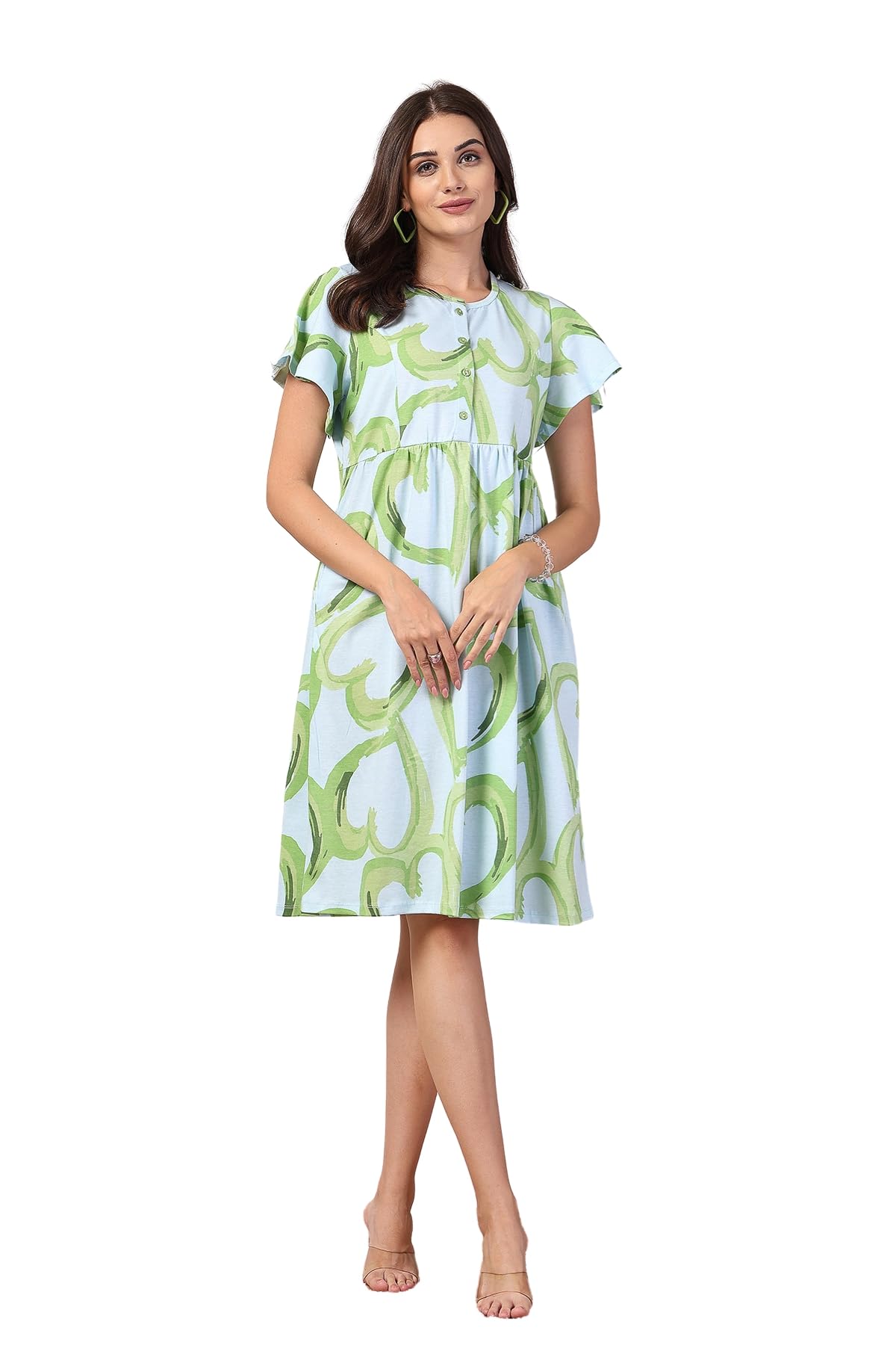 Maternity Zipless Feeding Dress for Women | 100% Cotton Pre & Post Pregnancy Printed Dresses for Pregnant Woman | Nursing Dress with Pockets & Front Placket Opening for Mothers-image-1