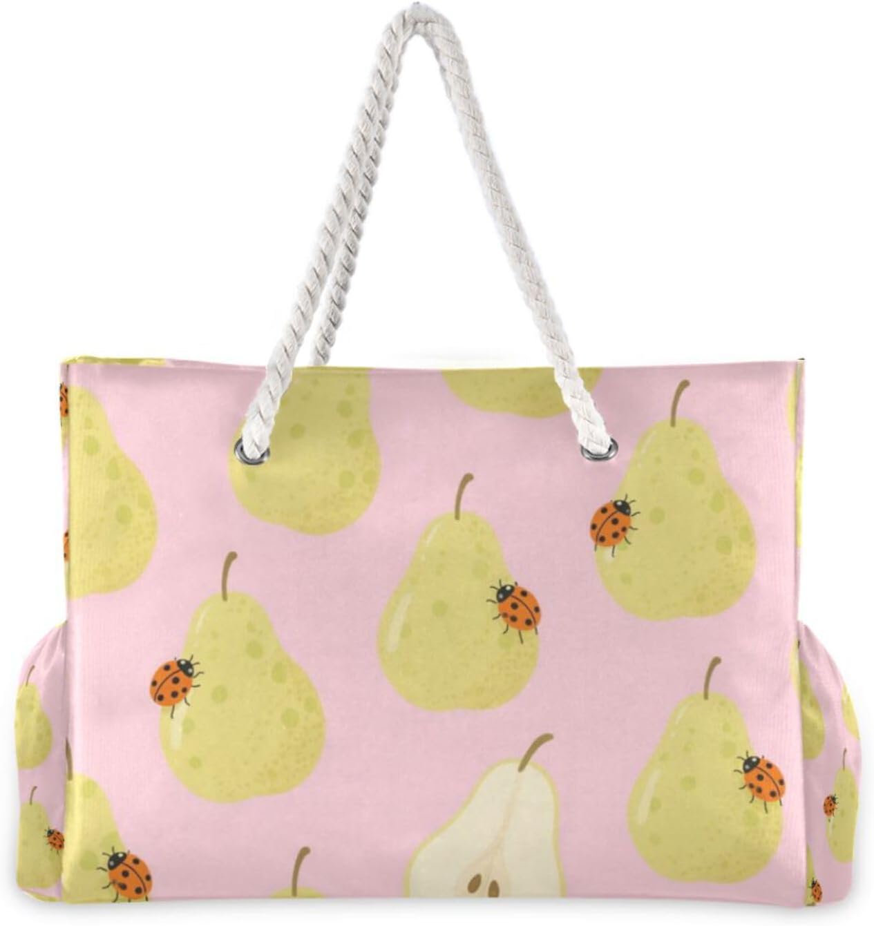OTVEE Pear and Ladybug Patterns Beach Bags for Women Ladies Large Canvas Tote Shoulder Bag Waterproof Travel Bags for Gym Swim Pool Camping