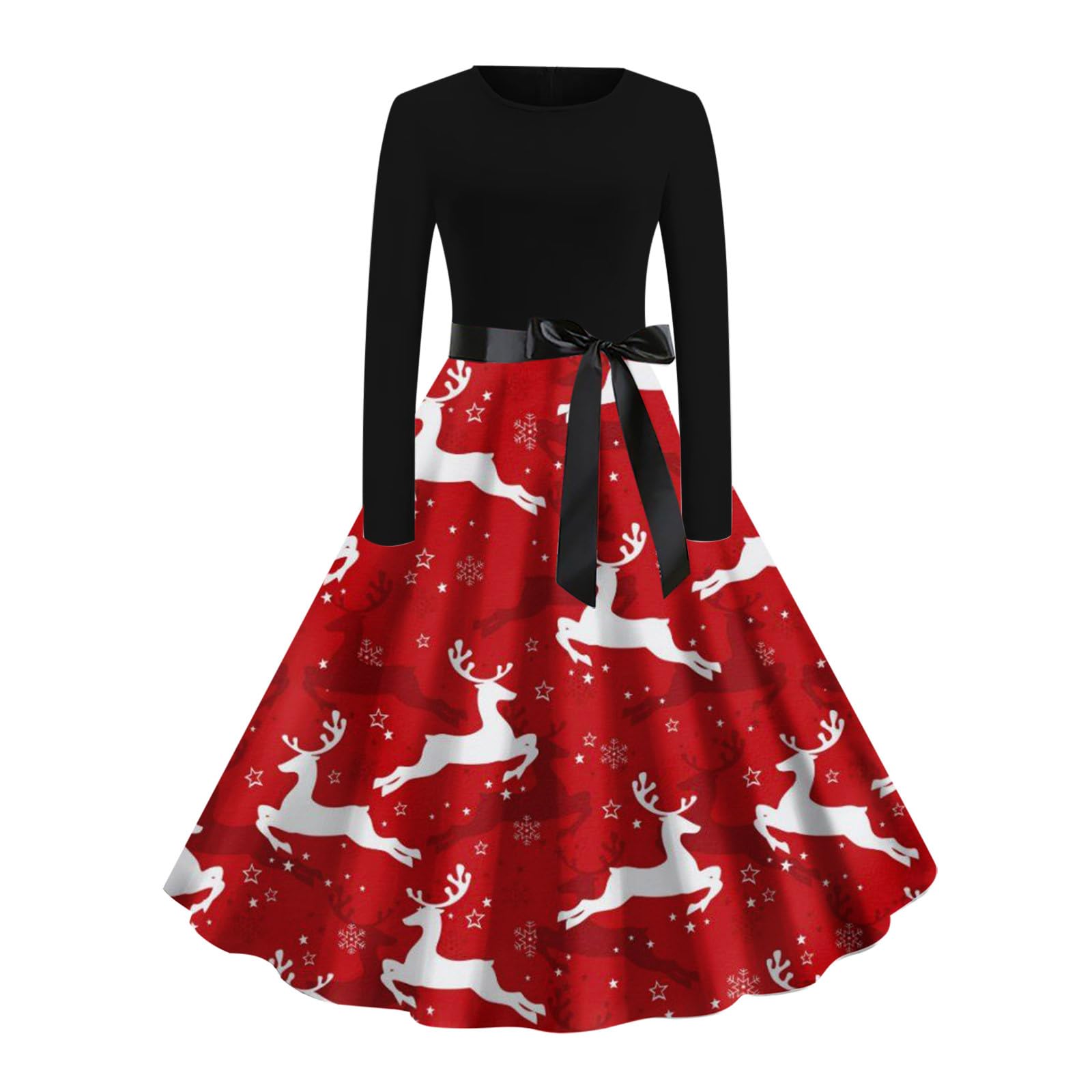 Womens Christmas Dress Xmas Printed Dresses Vintage Cocktail Party Swing Skirt Casual Round Neck Knee Length Gown