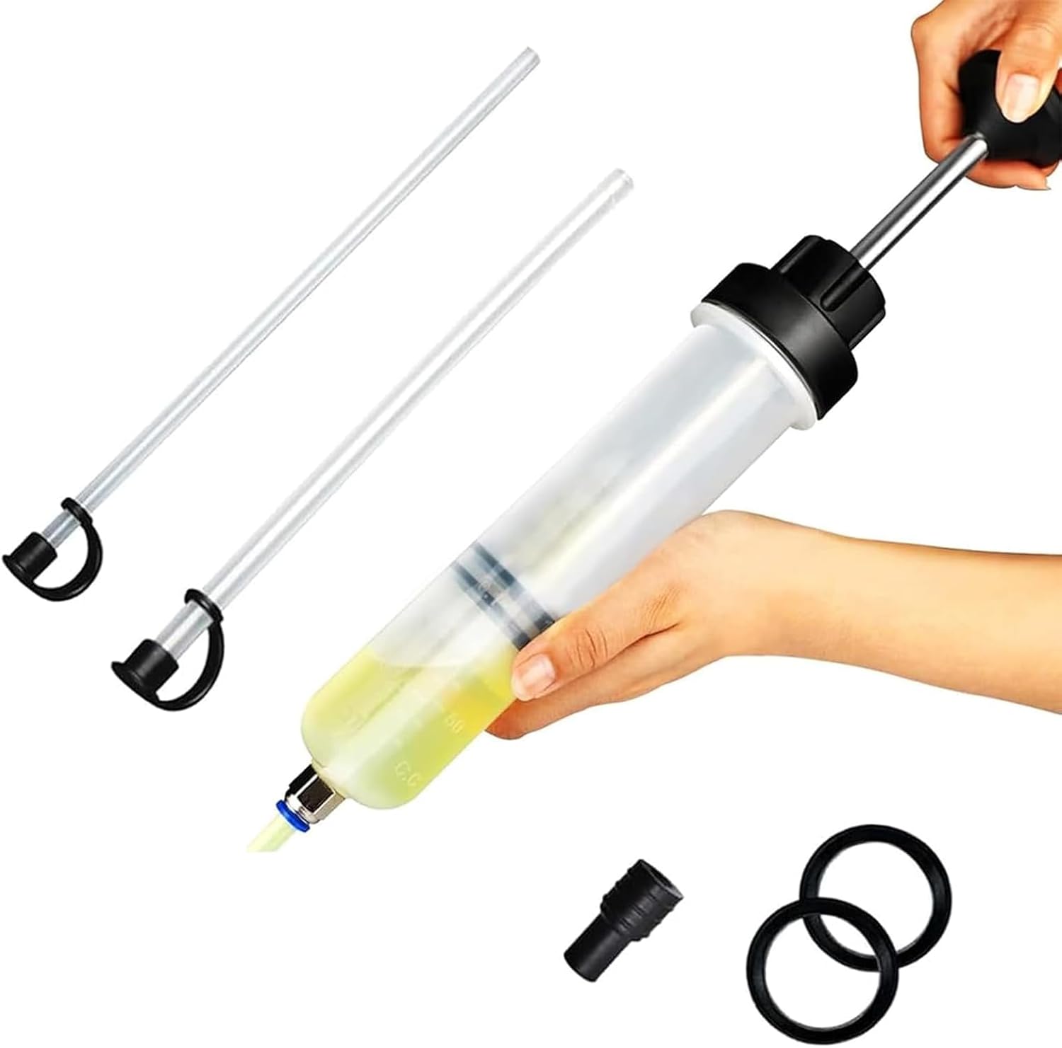 Car Power Steering Oil Extractor 200cc, Plastic Anti-aging Manual Syringe Pump with 2 Flexible Hoses, Universal Fluid Extractor for Vehicles ATVs Lawn Mowers, Brake Transmission Oil Change Tool