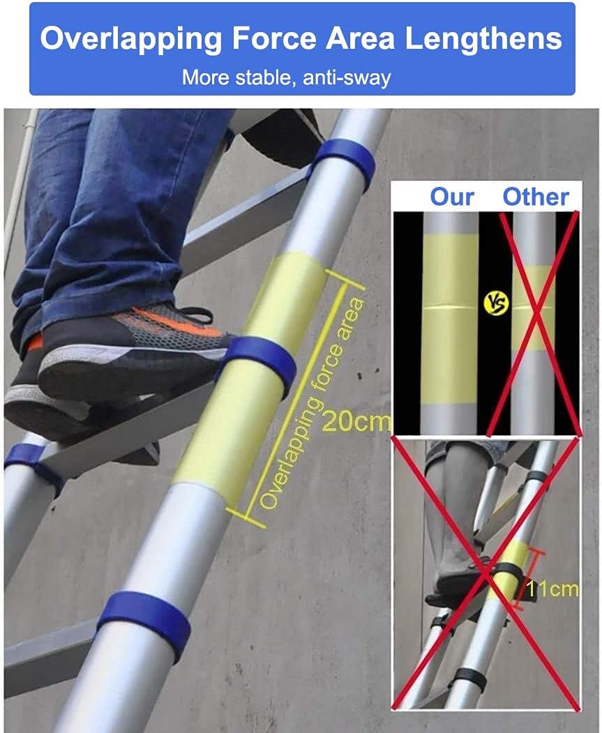 8m 7m 6.2m 6m 5m 4.7m 4m 3.8m 3.2m 2.6m Telescoping Ladder with Hooks, Aluminum Telescopic Extension Ladders for Roofing Business, Household, RV Outdoor Work Use (Color : Blue, Size : 2.1m