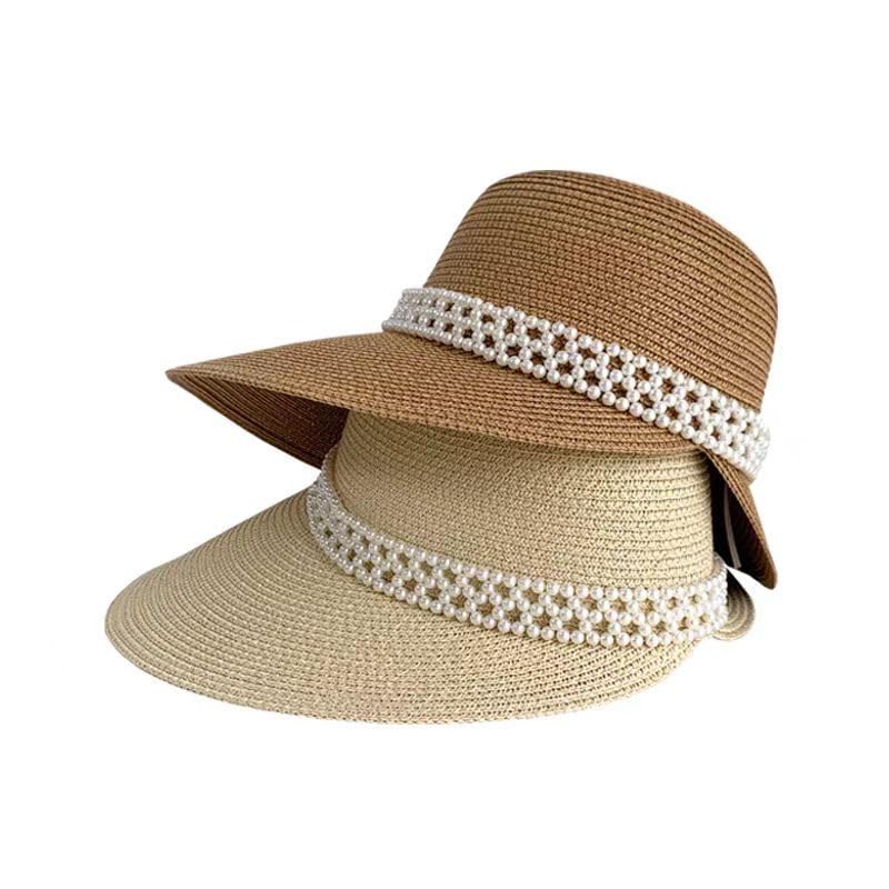 Cappello Estivo Traspirante a Tesa Larga in Paglia per Donna,Cappelli da Sole in Paglia Intrecciata con Protezione Uv e Perle,Cappello da Spiaggia Leggero per Giardino,Viaggio,Attività All'Aperto