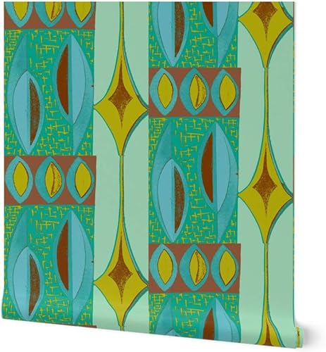 Spoonflower Papel tapiz extraíble de 12 x 2 pies, color azul, marrón, retro, de mediados de siglo, moderno, Tiki Mod Atomic, papel tapiz prepegado