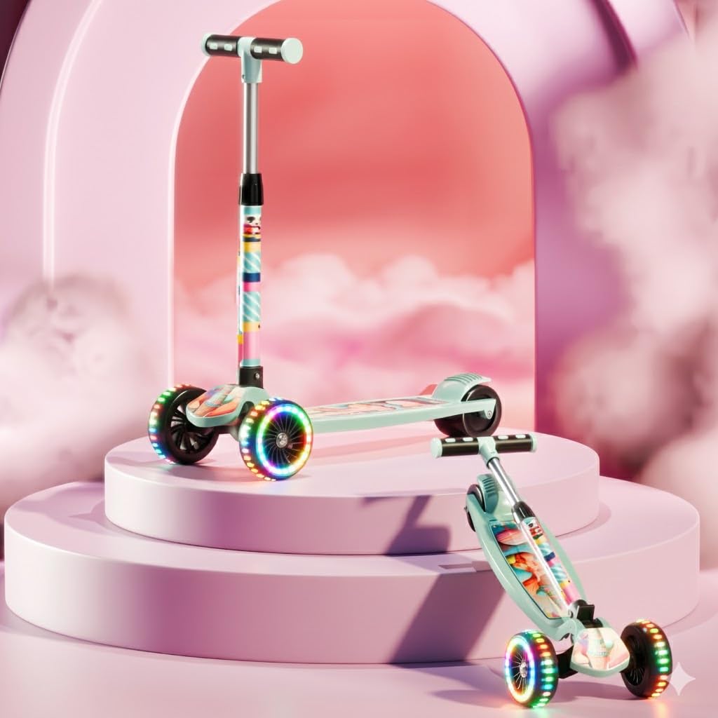 Little Bus Scooter for Kids 2-12 Years, Kids Scooter with 40MM in PP+PU LED Wheel, 4 Adjustable Height Scooter, Up to 50 Kg Weight Capacity- Sea Green