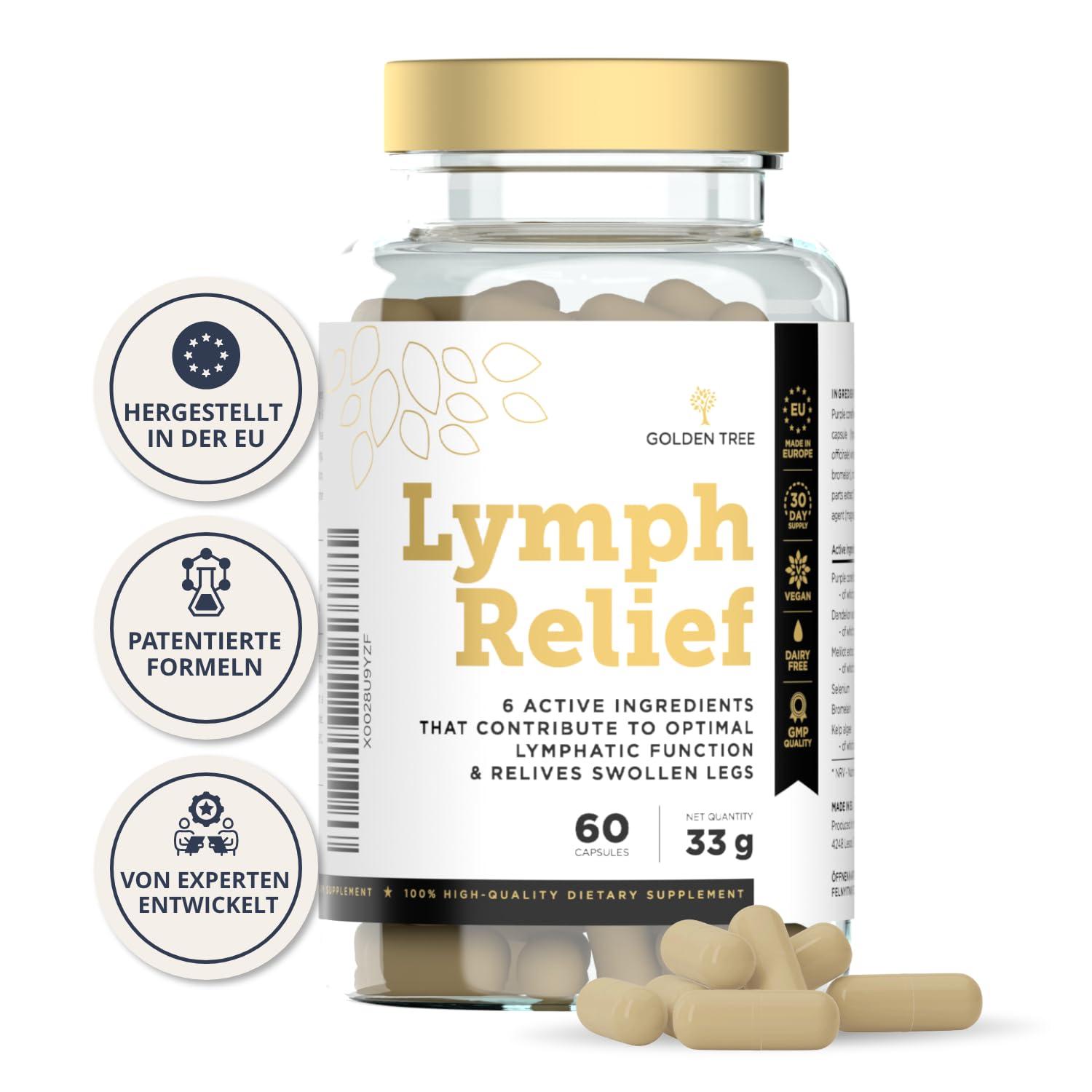 Golden Tree Lymph Relief Kapseln, 60 Stück | Unterstützung des Lymphsystems, Echinacea, Löwenzahnextrakt, Steinklee, Bromelain, Jod & Selen