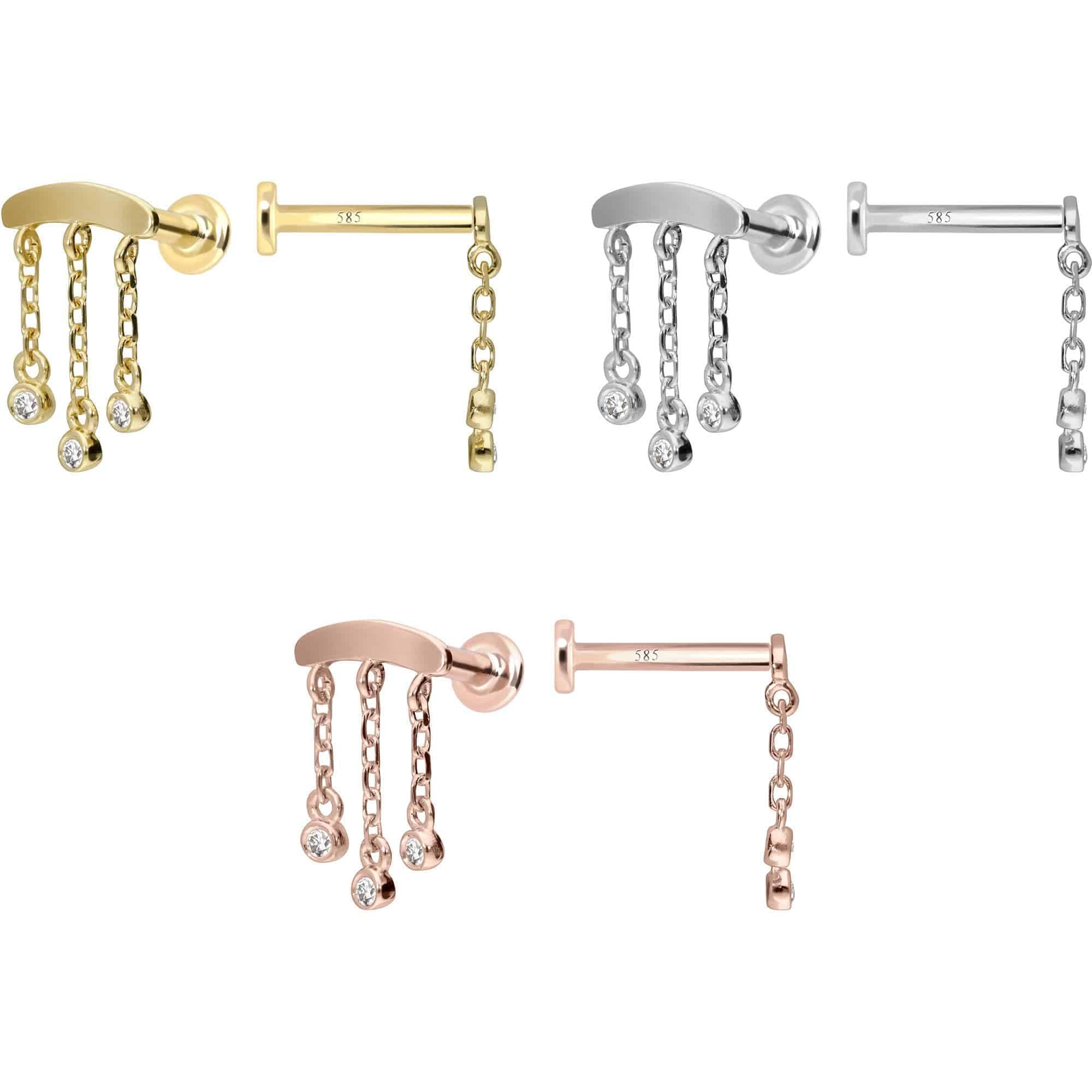 PIERCINGLINE Piercing Stecker 14 Gold Labret mit Innengewinde MOISSANIT-WINDSPIEL 585er Gold - Roségoldfarben, Goldfarben, Silberfarben