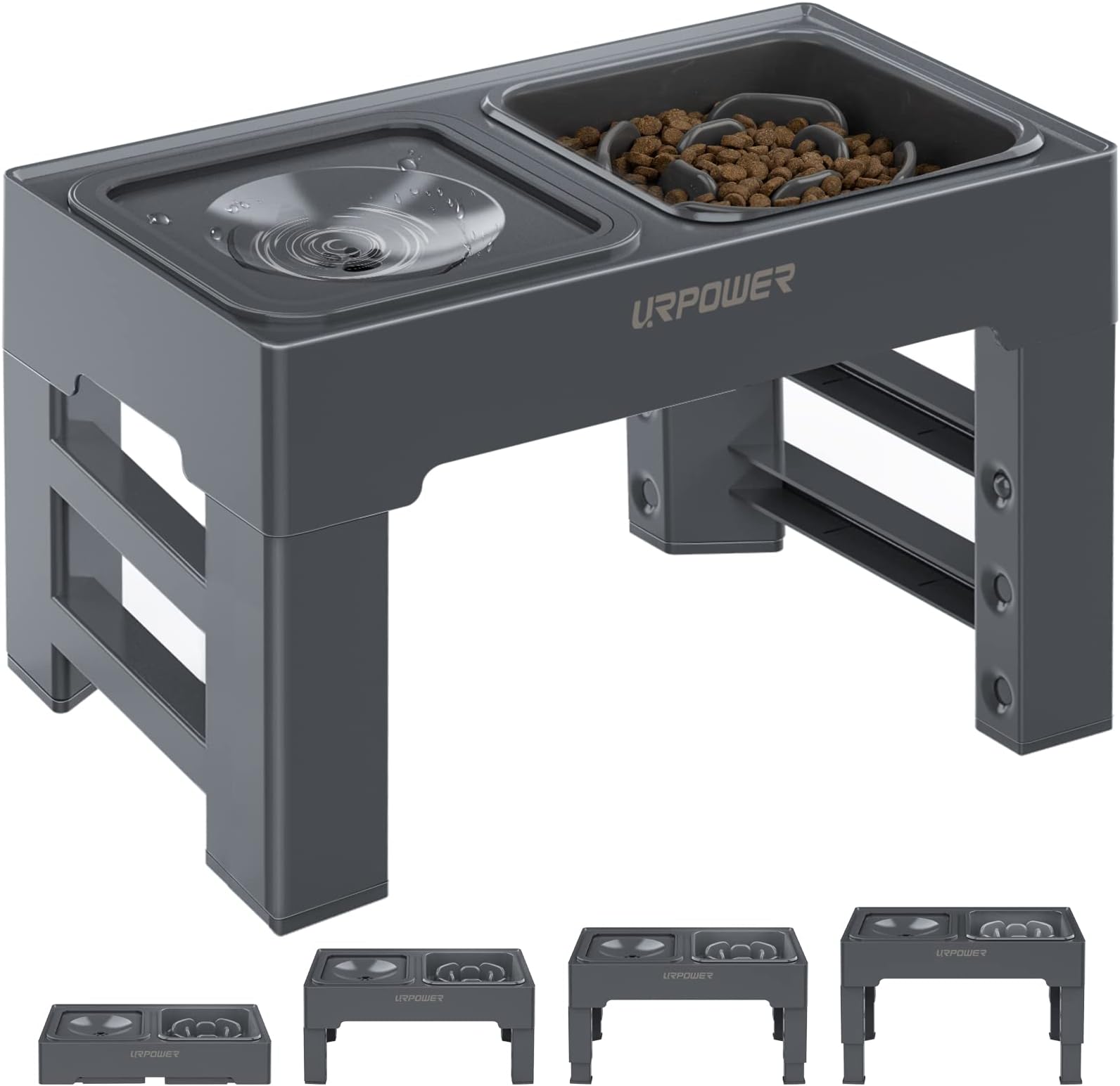 URPOWER 2-in-1 Elevated Slow Feeder Dog Bowls with No Spill Water Bowl Dispenser 4 Height Adjustable Raised Non-Slip Dog Food and Water Bowls with Stand for Small Medium Large Dogs, Cats